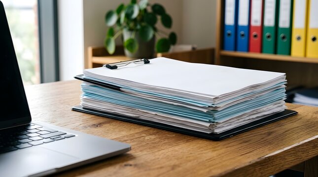 A thick stack of various business documents and files on a black clipboard resting on a wooden office desk with a laptop and colorful ring binders in a bright professional workspace.