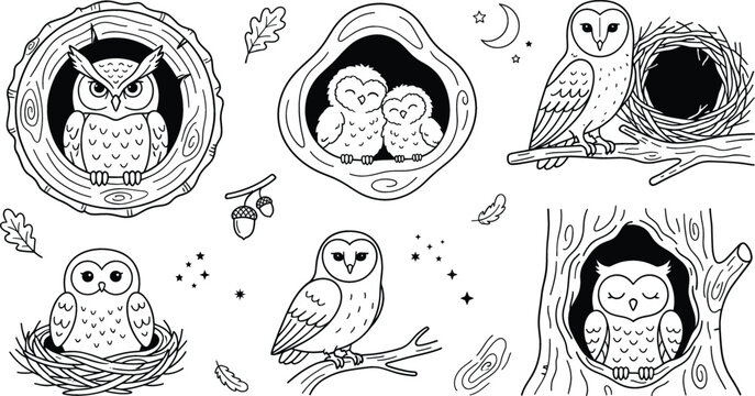 Vector line art doodle icon set of cute owls barn owl owlets in tree hollow nest branch and stars