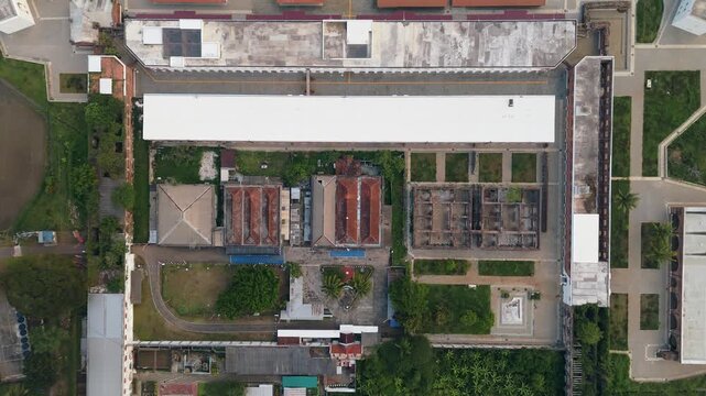 Aerial view of Benteng Fort Willem I with its historic rectangular layout, red tile roofs, and surrounding courtyards in Kecamatan Ambarawa, Jawa Tengah, Indonesia.