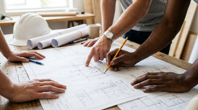 Diverse team collaborating on construction blueprint, project planning