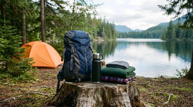 Professional hiking equipment including a blue backpack, vacuum flask, and warm clothing neatly placed on a tree stump at a scenic lakeside campsite with an orange tent under evergreen trees.