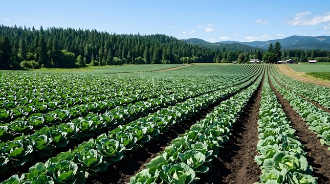 Wide angle landscape view of fresh green cabbage plants growing in neat long rows on a large scale agricultural farm field with a scenic pine forest and mountains under a clear blue sky