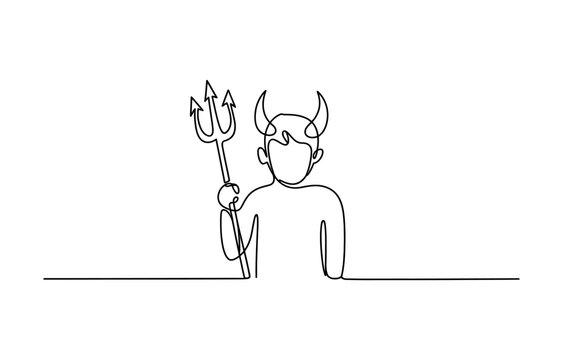 Continuous single line drawing of a devil man holding a trident