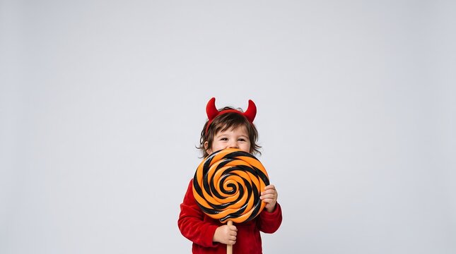 Cute Devil Child Peeking Over Giant Candy with Copy Space