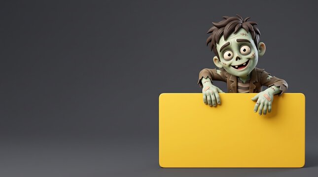 Friendly Zombie Peeking Over Blank Yellow Sign with Copy Space