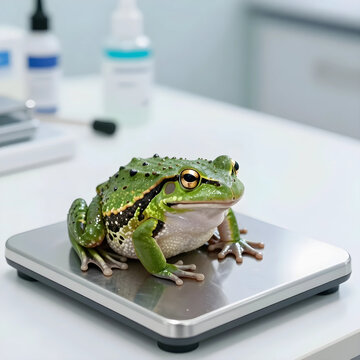 Veterinary medicine and wildlife research, green frog on a digital scale for health monitoring in a laboratory setting with medical supplies