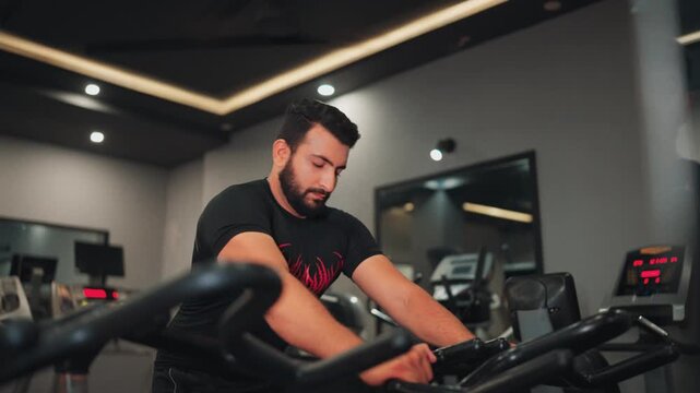 Low angle medium shot of a focused bearded man riding an indoor spin exercise bike during a high-intensity cardio workout in a modern gym.