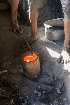 Glowing molten metal in a foundry, Ambatolampy, Madagascar