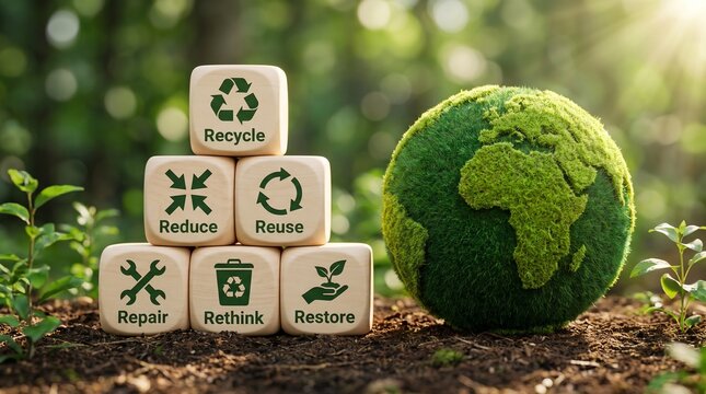 Six Circular Economy Principles with Wooden Blocks for Reduce, Reuse, Repair, Rethink, Restore and Recycle