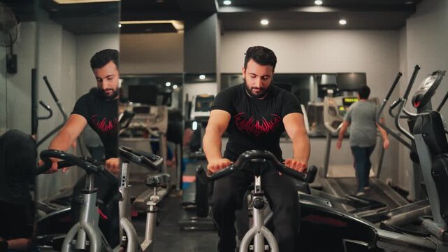 Wide shot video of a bearded man riding a stationary spin bike in a modern gym with mirror reflections and gym-goers in the background