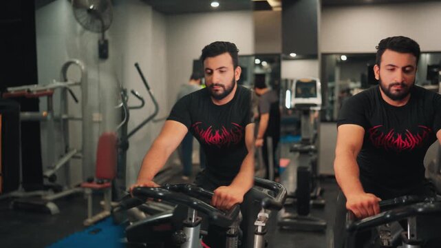 Muscular male athlete cycling on an indoor stationary bicycle for cardiovascular conditioning and endurance fitness in a health club.
