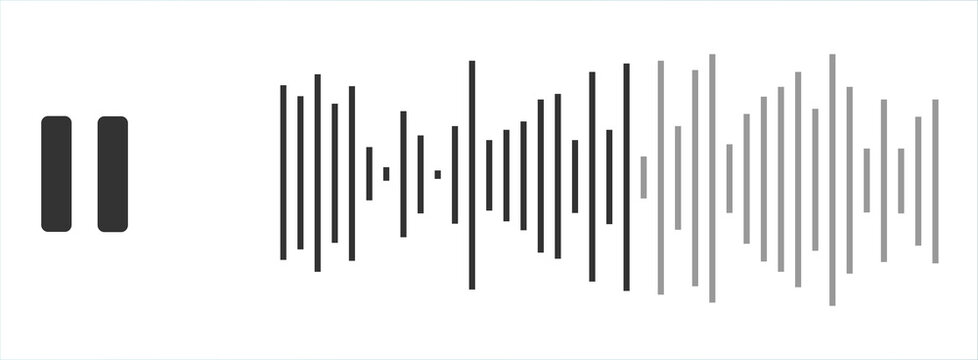 Horizontal audio sound wave waveform with pause button icon symbol
