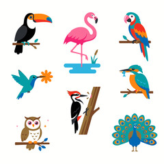 Fototapeta premium A vibrant collection of nine distinct bird illustrations, each perched on a branch or in water, showcasing a variety of species and vibrant colors