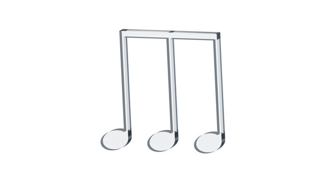 Three beamed eighth notes made of clear reflective glass, isolated on a transparent background. Musical notation symbol, 3D illustration.