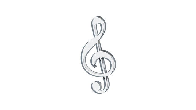 Treble G clef musical notation symbol made of clear reflective glass, isolated on a transparent background. 3D illustration.