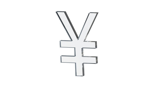 Japanese Yen currency symbol made of clear reflective glass, isolated on a transparent background. Financial sign, 3D illustration.