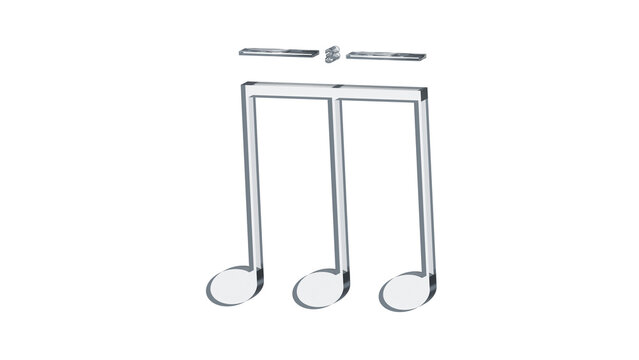 Triplet musical notes grouping made of clear reflective glass, isolated on a transparent background. Musical notation symbol, 3D illustration.