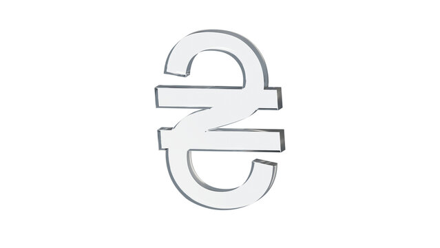Ukrainian Hryvnia currency symbol made of clear reflective glass, isolated on a transparent background. Financial sign, 3D illustration.