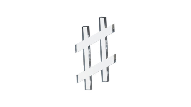 Sharp accidental sign made of clear reflective glass, isolated on a transparent background. Musical notation symbol, 3D illustration.