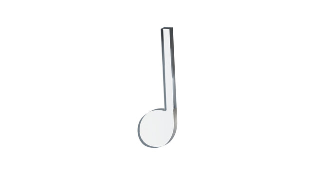 Quarter note crotchet made of clear reflective glass, isolated on a transparent background. Musical notation symbol, 3D illustration.