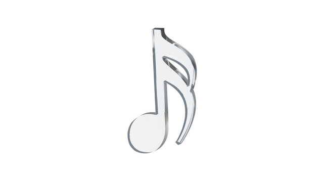 Sixteenth note semiquaver made of clear reflective glass, isolated on a transparent background. Musical notation symbol, 3D illustration.