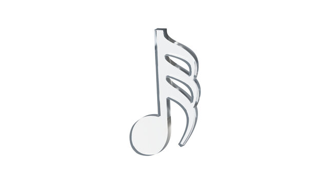 Thirty-second note demisemiquaver made of clear reflective glass, isolated on a transparent background. Musical notation symbol, 3D illustration.