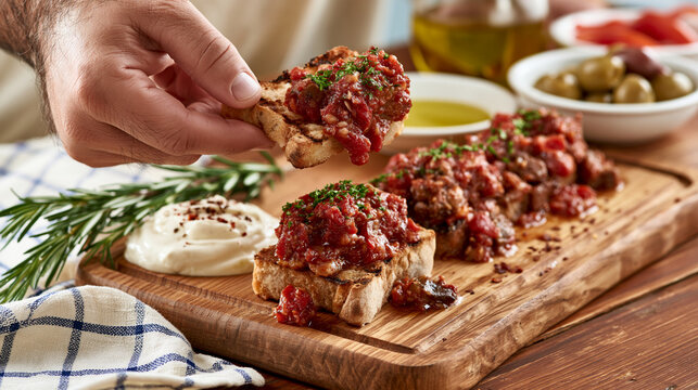 Hand holding a piece of toasted bruschetta with tomato topping on a wooden board