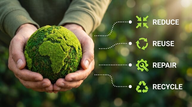 Circular Economy 4R Framework with Hands Protecting Green Earth and Reduce, Reuse, Repair, Recycle Guidance