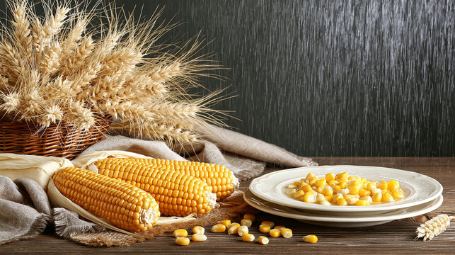 Fresh corn on the cob with kernels on a plate and wheat in a basket sweet corn raw vegetables