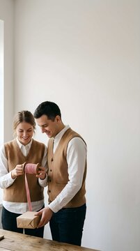 Couple Crafting Wooden Spoons Together.