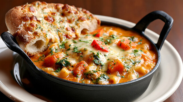 Baked creamy tomato and spinach casserole in a small black skillet with crusty bread