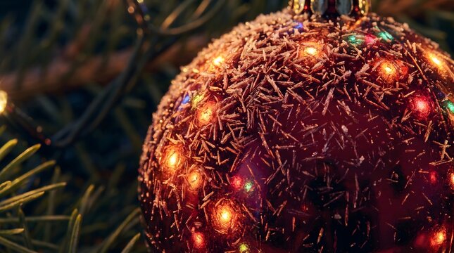 Red frosted Christmas ball ornament glowing on a fir tree branch