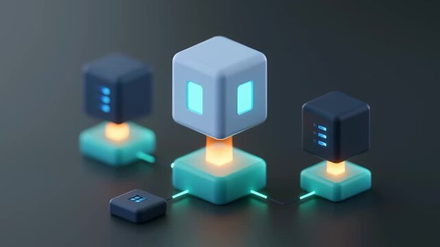 Digital information transferring between blocks on a decentralized computer network, illustrating cryptocurrency, cybersecurity, and modern financial technology with glowing neon data streams