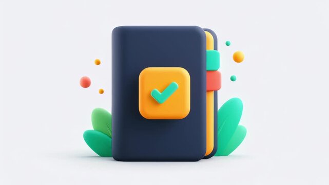 Colorful 3d animated notebook with a prominent green check mark icon isolated on a white background, representing successful planning, organization, to do lists, and completed tasks