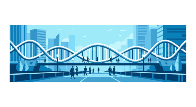 Futuristic Blue City Illustration with DNA Helix Bridge and People