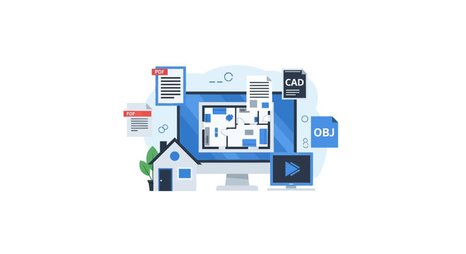 Digital architecture and floor plan software concept featuring CAD, OBJ, and PDF file management for home design.