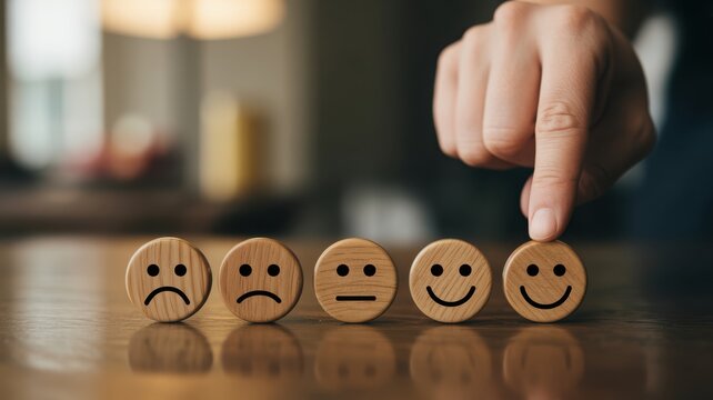 A hand chooses a smiling wooden block from a row of emotions on a table. This customer satisfaction survey concept is perfect for business feedback ads.