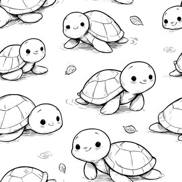 Cute Baby Turtle Seamless Pattern, Hand-Drawn Black and White Line Art