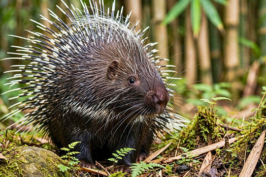 Sunda porcupine with sharp quills foraging in a tropical forest
