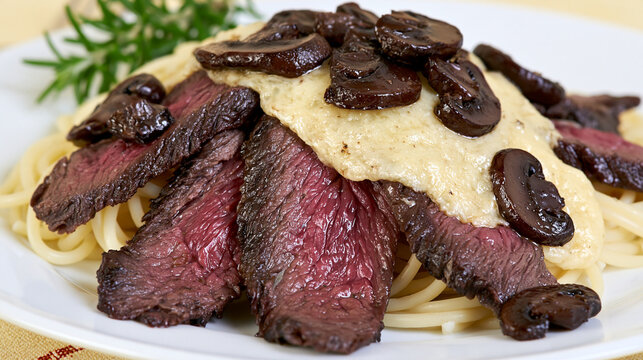 Grilled steak slices served over creamy pasta with mushrooms and fresh herbs
