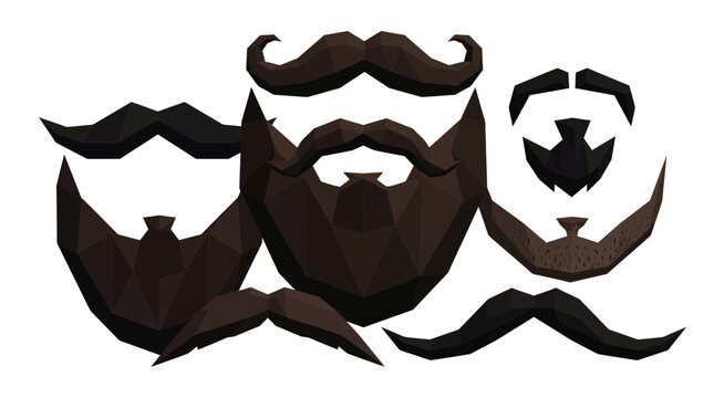 Collection of stylized, low-poly beards and mustaches in various shapes and shades of brown, isolated on transparent background.