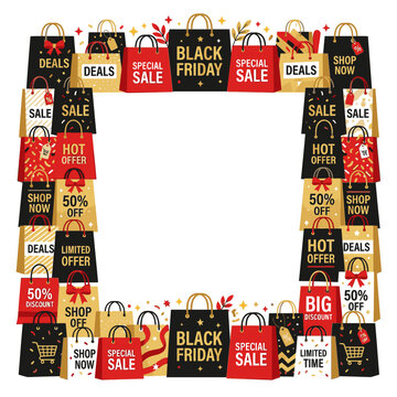 A festive frame made of shopping bags adorned with Black Friday and sale messages, inviting customers to shop and avail discounts