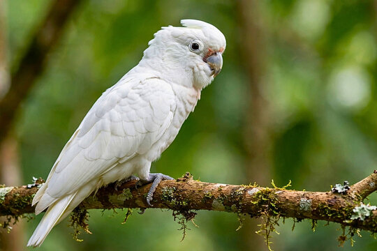 Tanimbar corella with white plumage perched on a branch in a tropical forest