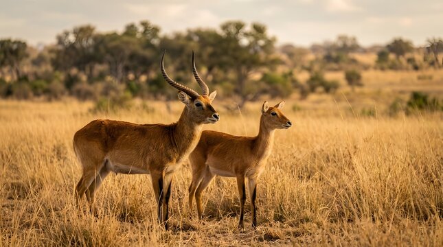 Majestic Male and Female Red Lechwe Antelopes (Kobus leche) Standing Alert in the Golden Grassy Plains of the African Savanna During Sunset, Capturing Wildlife in Their Natural Habitat
