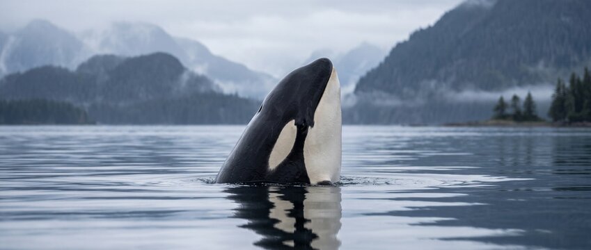 Killer Whale Breach: An orca, a magnificent marine mammal, surfaces from the ocean, its iconic black and white markings visible against the calm water. Behind it.