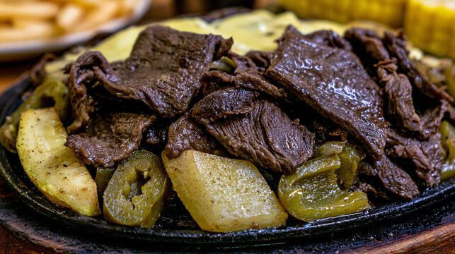 Sizzling beef fajita skillet with onions and bell peppers beef fajitas grilled meat tex mex