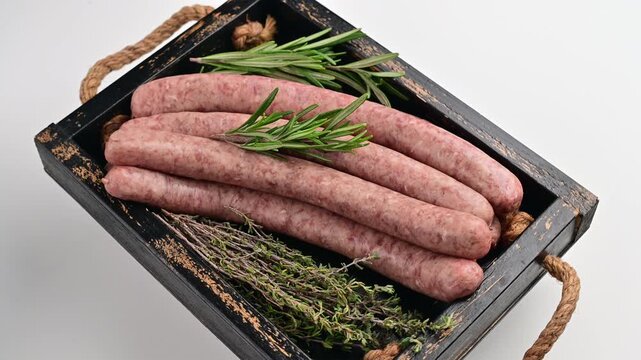 Raw sausages with rosemary and thyme rotating in a rustic wooden tray with rope handles against a pale background in close-up.