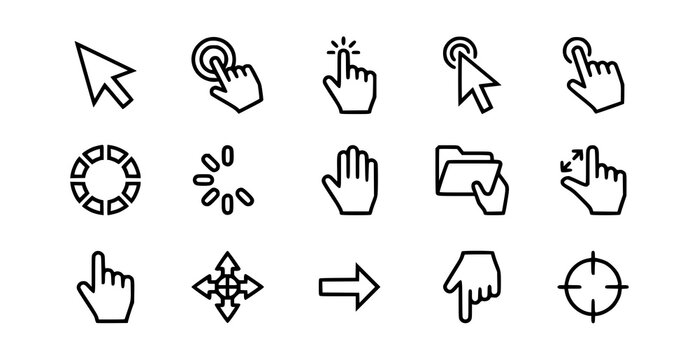 Computer Cursor and Clicking Hand Outline Icons for Web Interface