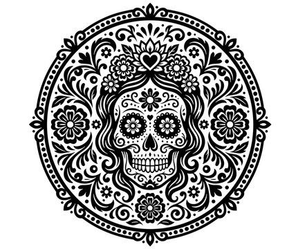 Ornate Sugar Skull Circle Badge, Mexican Calavera Mandala Line Art Vector, Dia de Muertos Ornamental Sticker and Coaster Print Design, Dia de los Muertos Sugar Skull Circular Medallion Vector