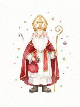 Saint nicholas holding a staff and red bag depicted in a watercolor illustration nick sinterklaas bishop cleric religious figure crozier walking stick gift teddy bear